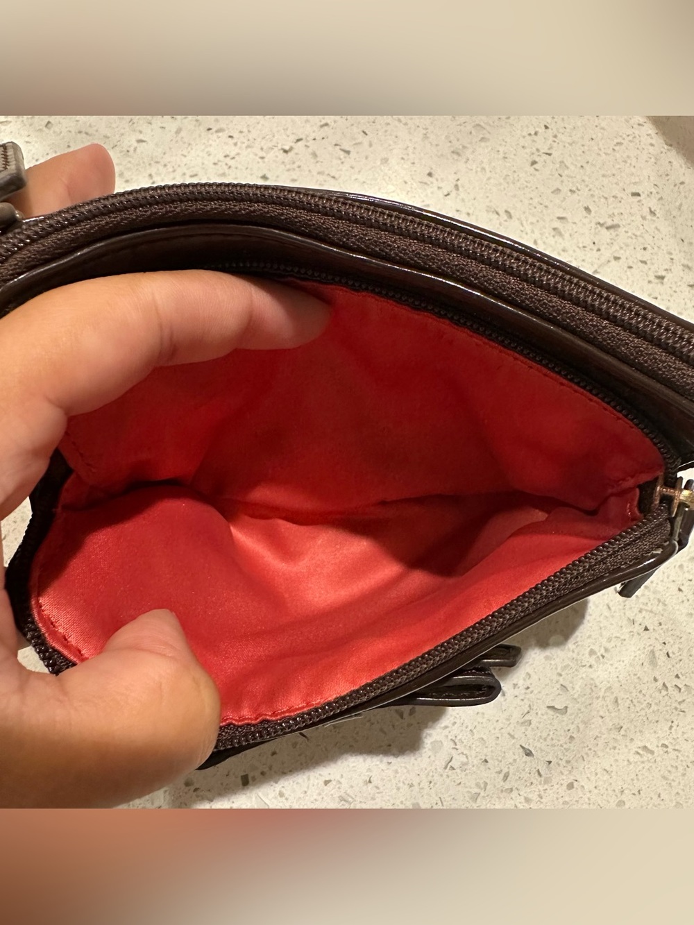 Coach Poppy Signature Oxford Double Zip Wristlet Dark Brown Leather Trim - Picture 5 of 5